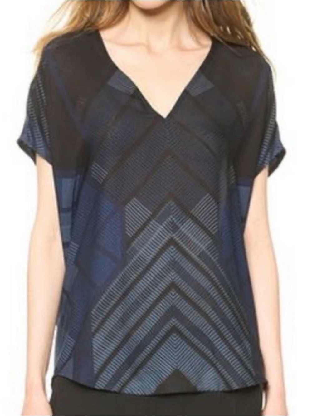 Vince 100% Silk Blue and Black Geometric Print Dolman Sleeve Blouse Casual